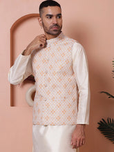 Floral Printed and Embroidered Nehru Jacket for Men-JOWC-4100Orange